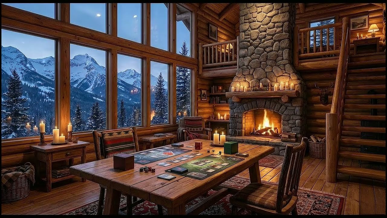 Cozy Cabin Ambience ❄️ Snowing Mountain View, Crackling Fire & Fantasy Music | 5 Hour