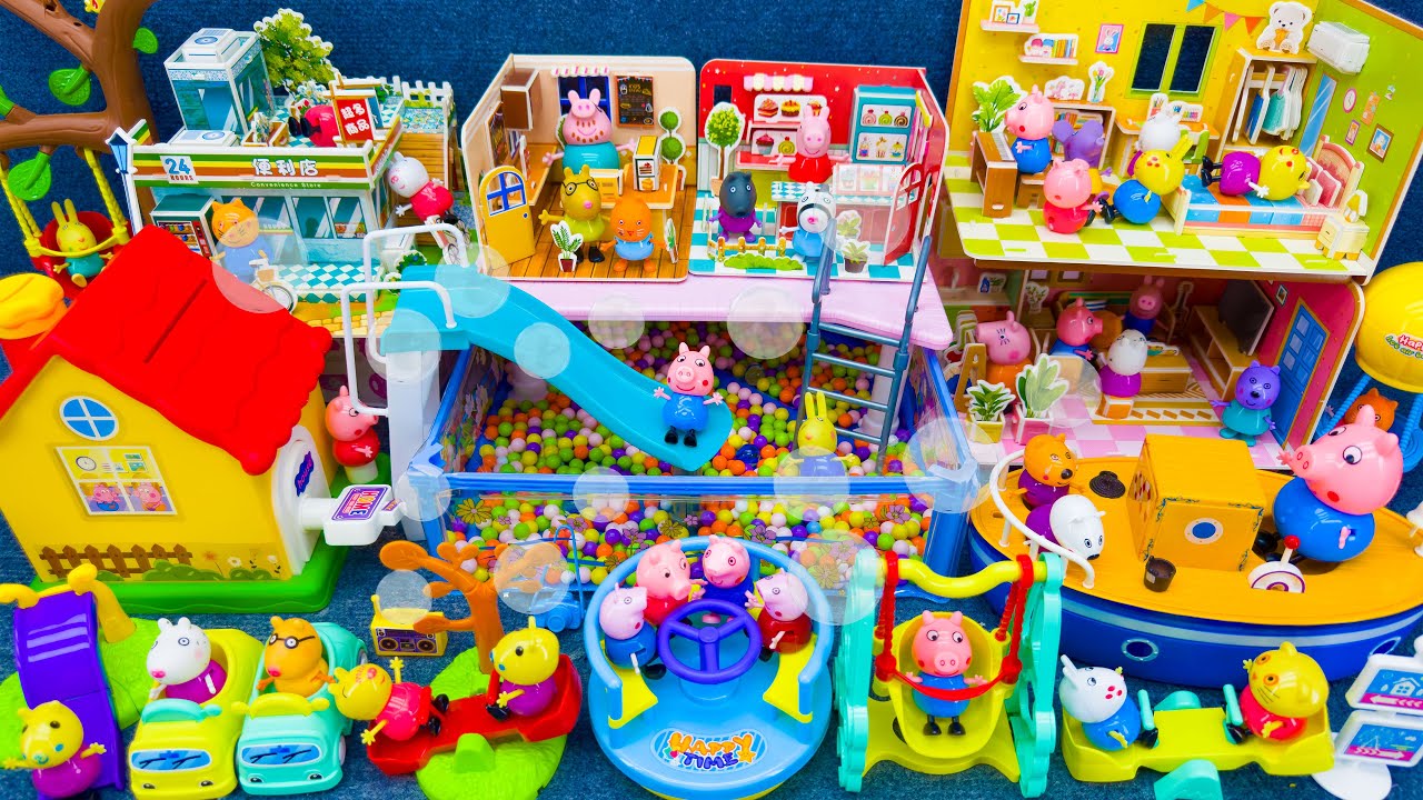 11 Minutes Satisfying Unboxing Peppa Pig Pool Party Slide Playset, Peppa Family House Toys Review