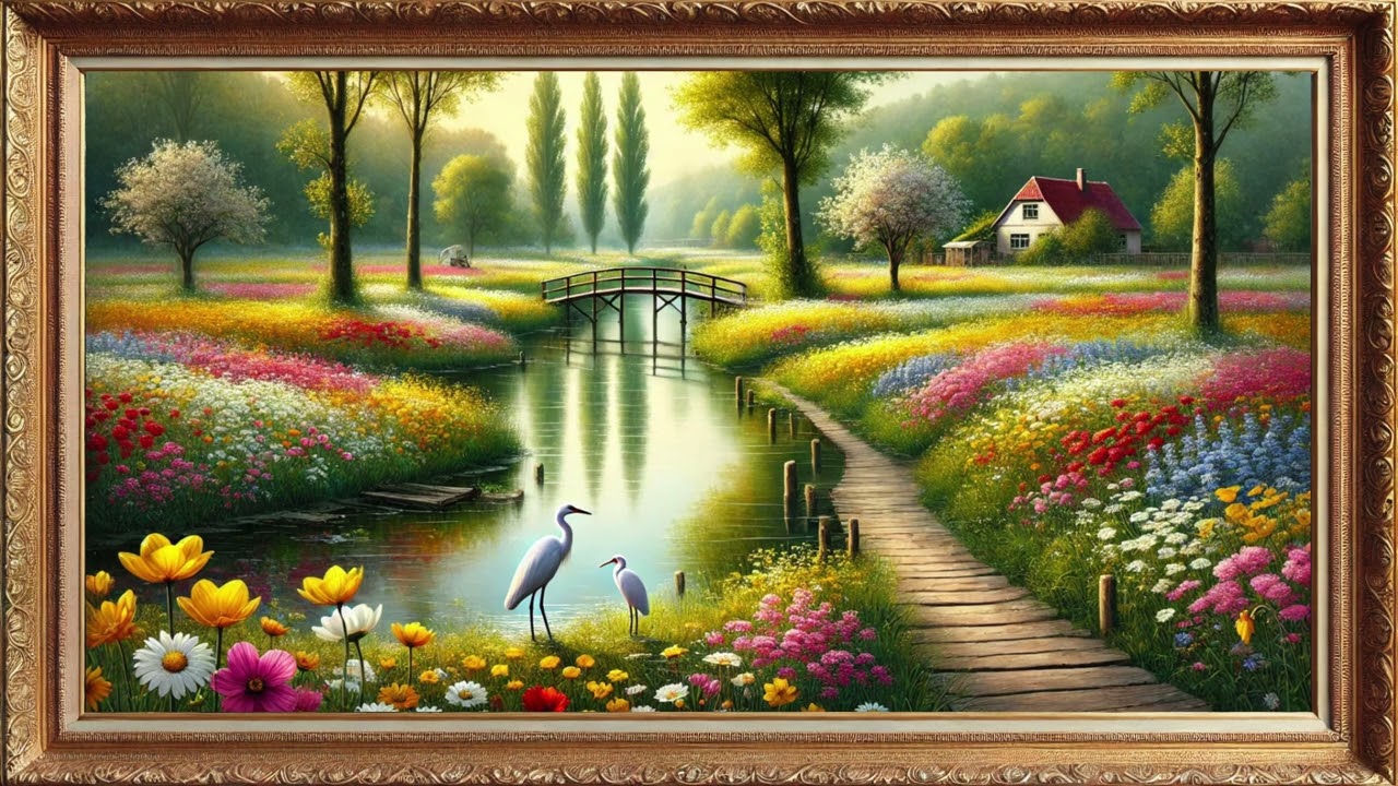 Vintage Spring Countryside Painting | 4K Gold Frame TV Art Screensaver | Relaxing Nature Ambience |