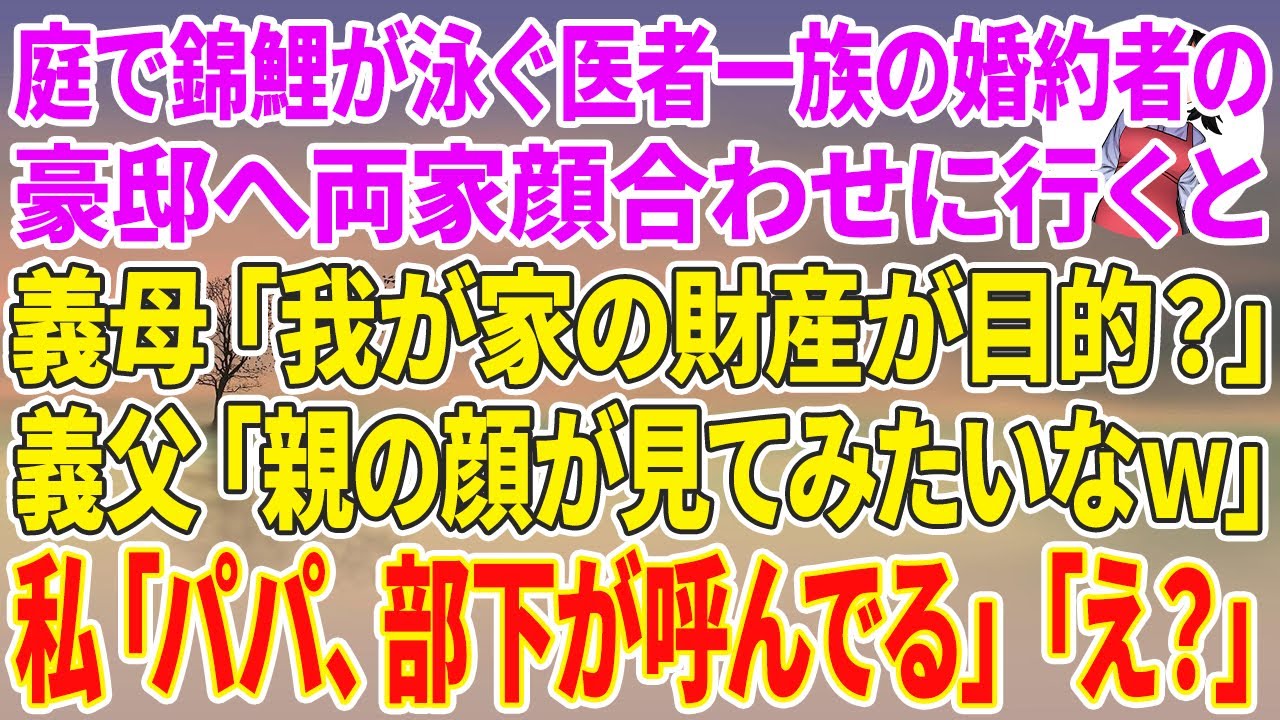 【スカッと総集編】庭で錦鯉が泳ぐ医者一族の婚約者の豪邸へ両家顔合わせに行くと、義母「我が家の財産が目的？」義父「親の顔が見てみたいなw」→私「パパ、部下が呼んでる」「え」