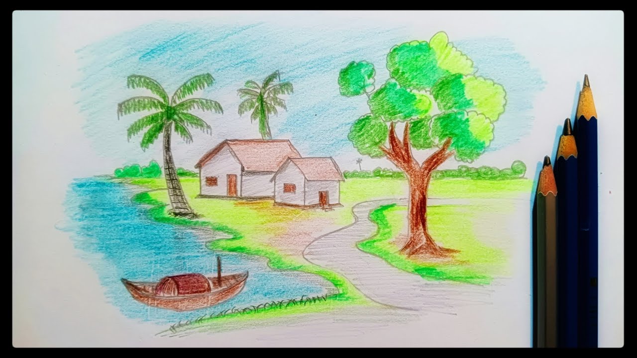 How to draw a village scenery step by step. Pencil drawing ASMR