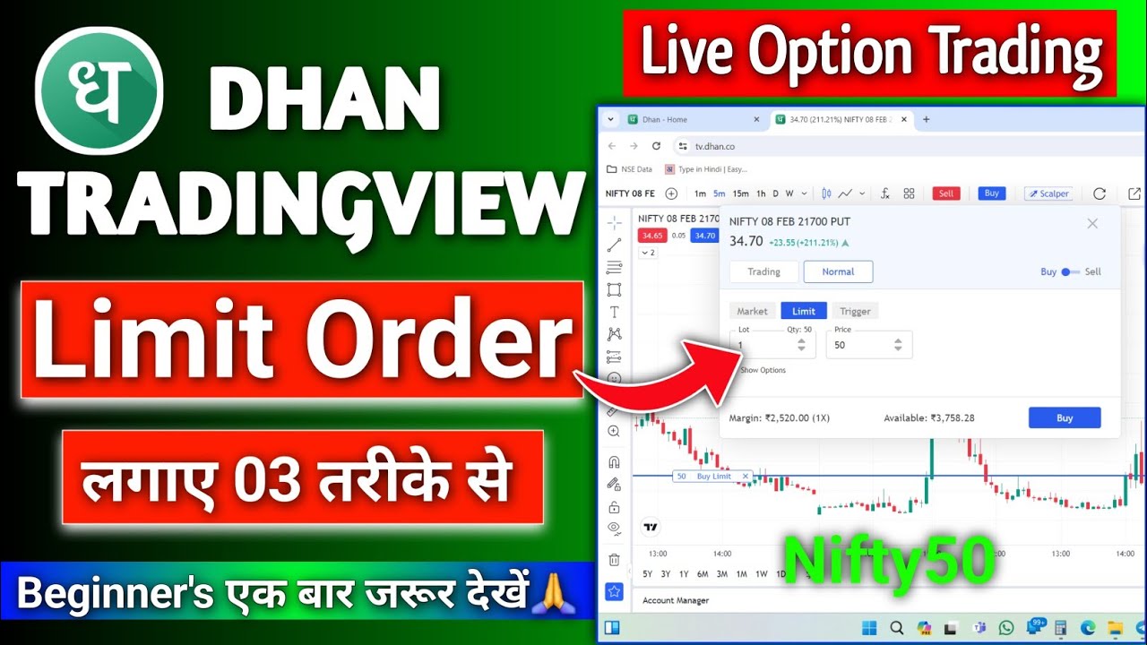 Dhan Tradingview Chart Option Trading | Limit Order Mistake | How to Place limit order on Dhan Chart