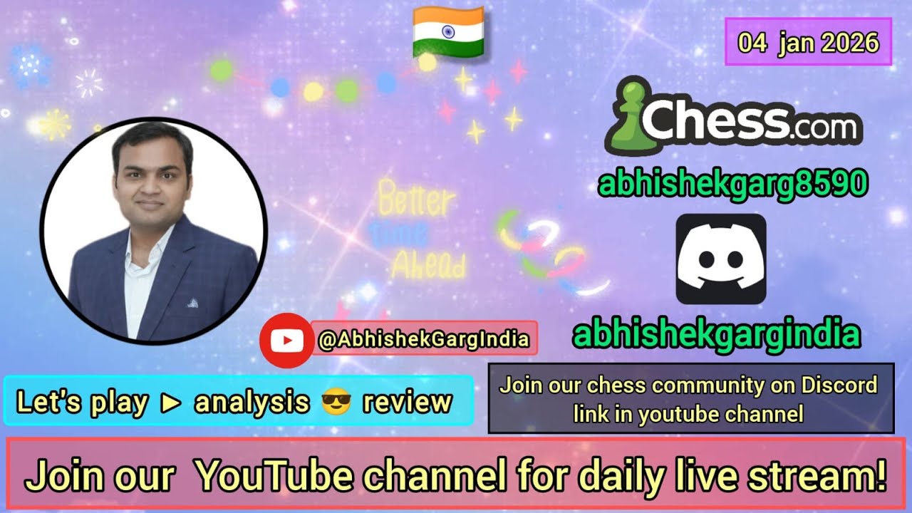 join me for chess Live Stream CHESS PLAY SELF ANALYS PUZZLE SOLVING games.04-01-2026