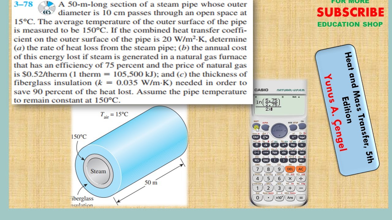 Heat Loss from a Steam Pipe | Insulation Thickness & Energy Cost | Heat Transfer Problem 3.78