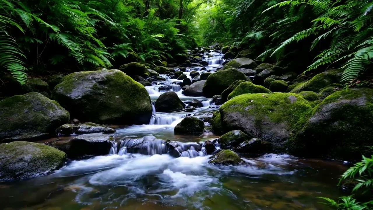 Calm Forest Water and Birds Singing in a Green Mossy Valley