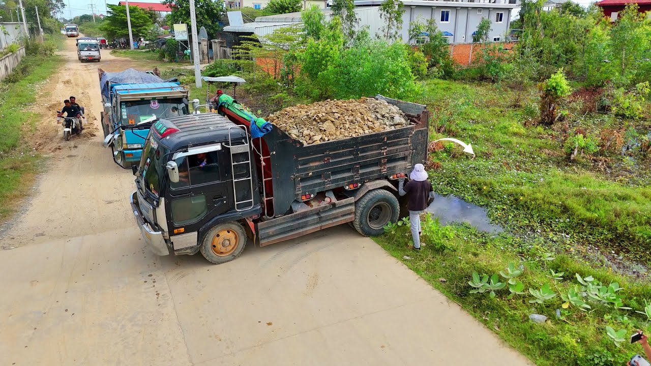 FIRST! DUMP Truck Fill Land into Flooded Land with Bulldozer D20-P KOMATSU Pushing Stone,Mix Video
