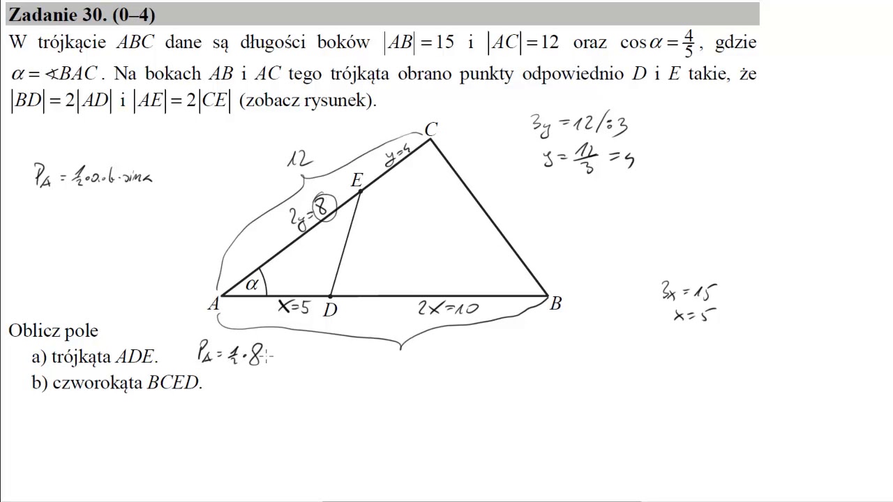 Matura czerwiec 2016 zadanie 30 W trójkącie ABC dane są długości boków |AB|=15 i |AC|=12 oraz cosα