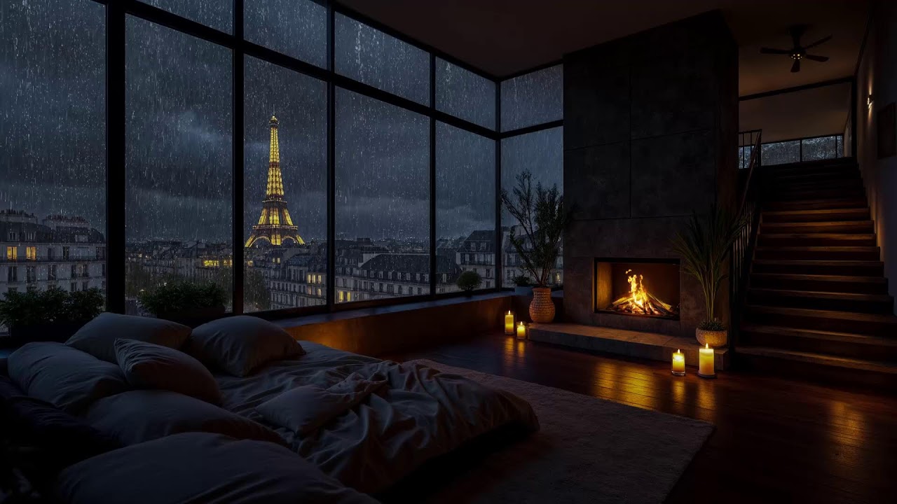 Rainy Night at Cozy Bedroom Ambience 🌧️ Fireplace Crackling & Rain On Window | Perfect Sleep Sounds
