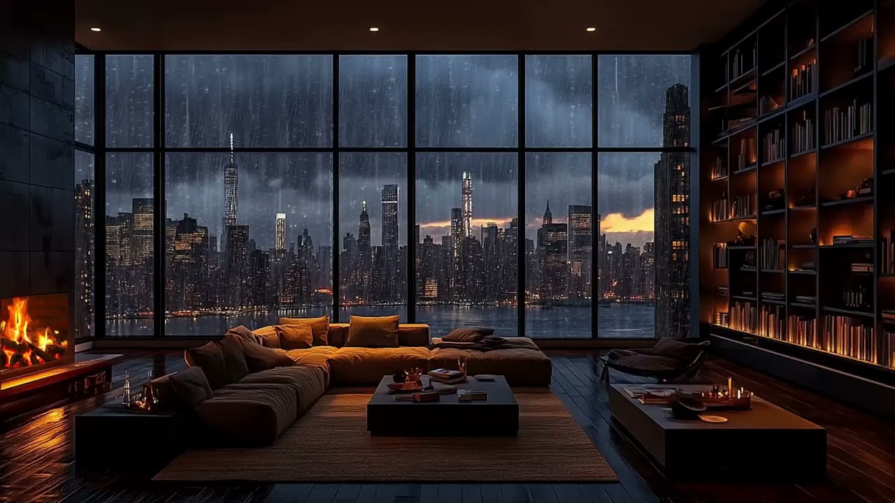 Rainy Night in a Cozy City Room with Fireplace | Relaxing Ambience for Sleep and Focus