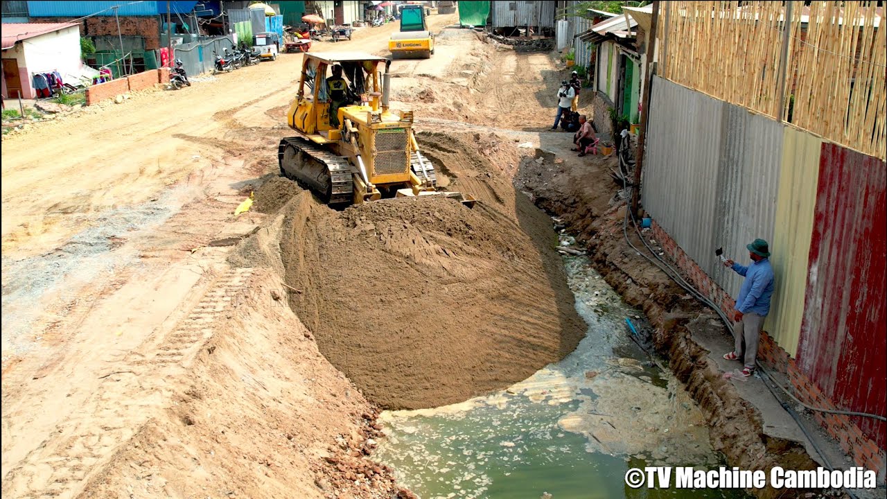 Wonderful Building Foundation Village Road By Stronger Dozer Pushing Rock & Sand Into Water
