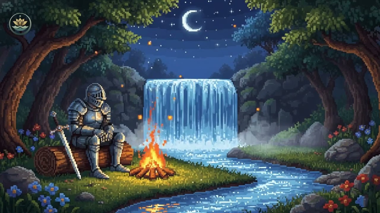 Sleep by the Waterfall — Warm Fire & Gentle Night  Deep Relaxation for Travelers