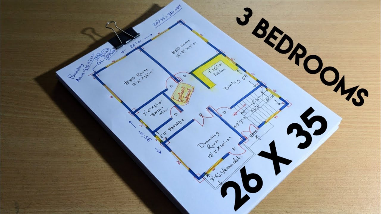 BEST 26 X 35 HOUSE DESIGN II 3 BEDROOM FLOOR PLAN II GHAR KA NAKSHA DESIGN
