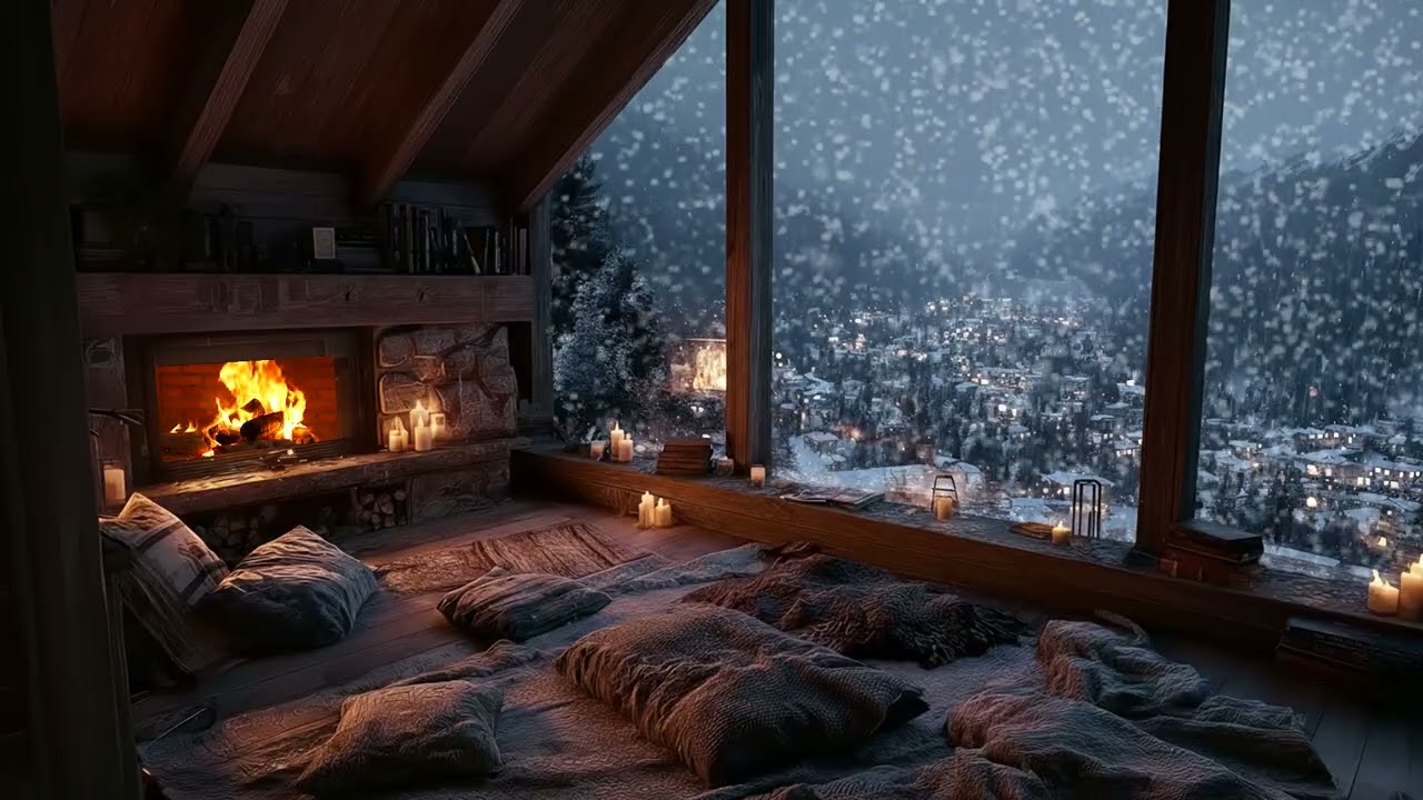 Peaceful Forest Cabin in Heavy Snow with Soft Fireplace Sounds for Deep Sleep & Relaxation