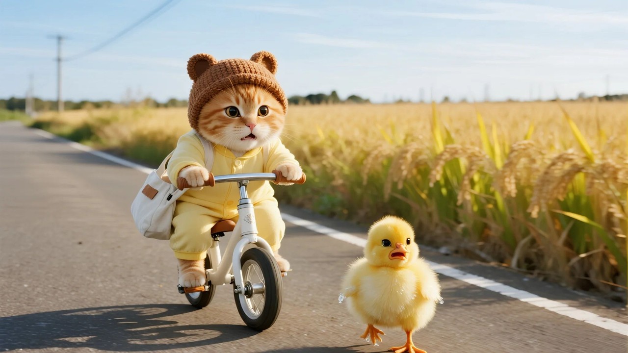 Ginger Kitten helps lost chick!🚲🐔 Journey  brings food Mama Cat🍱