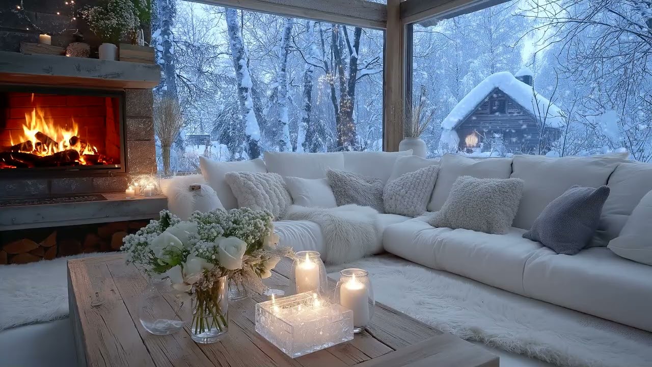 🎹🌸 3-Hour Winter Piano Lounge | Snow & White Flowers in Cozy Room | Study, Focus & Sleep Music