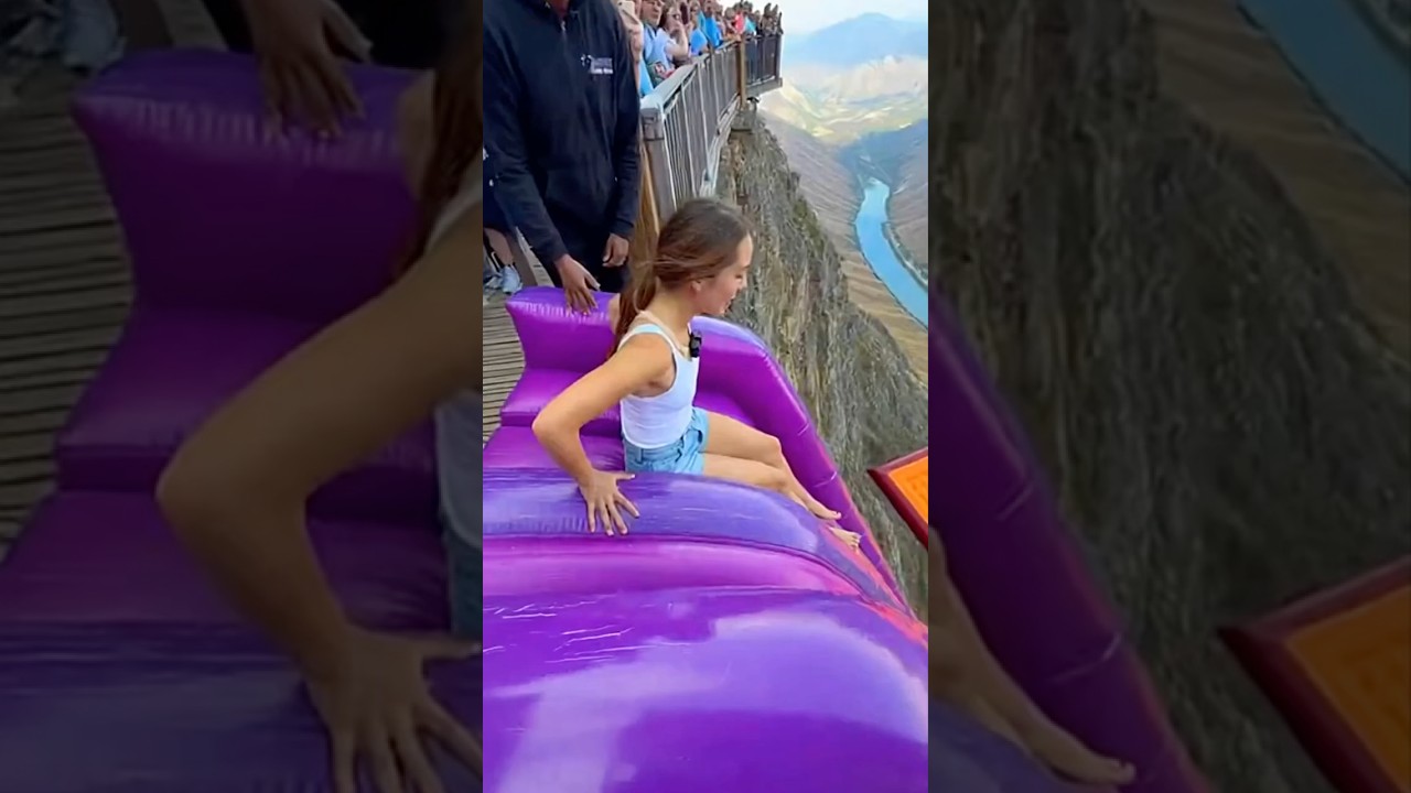 Cliff Airbag Slide is Fun 😱🔥 Girl Slides, then Bounces & Lands #cliffactivity #cliffslide #rdswth