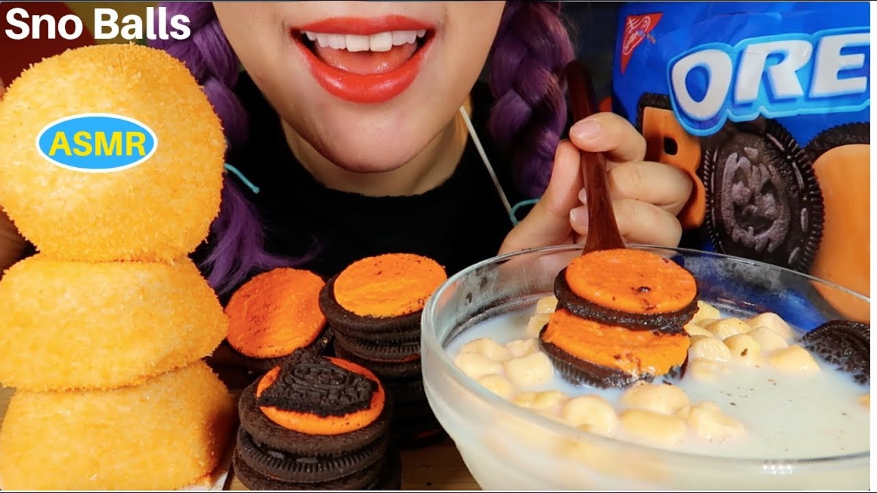 ASMR HALLOWEEN OREO COOKIE+SNO BALLS EATING SOUND |할로윈 오레오쿠키+호스티스 마시멜로 케익 리얼사운드 먹방 |CURIE.ASMR