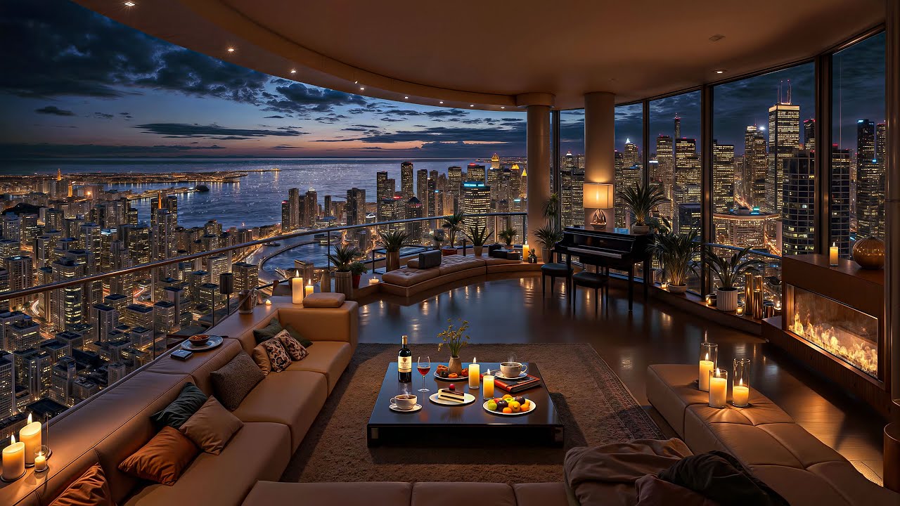 Soft Jazz at Sunset in a Chicago Ambience – 4K Luxury Apartment for Unwind