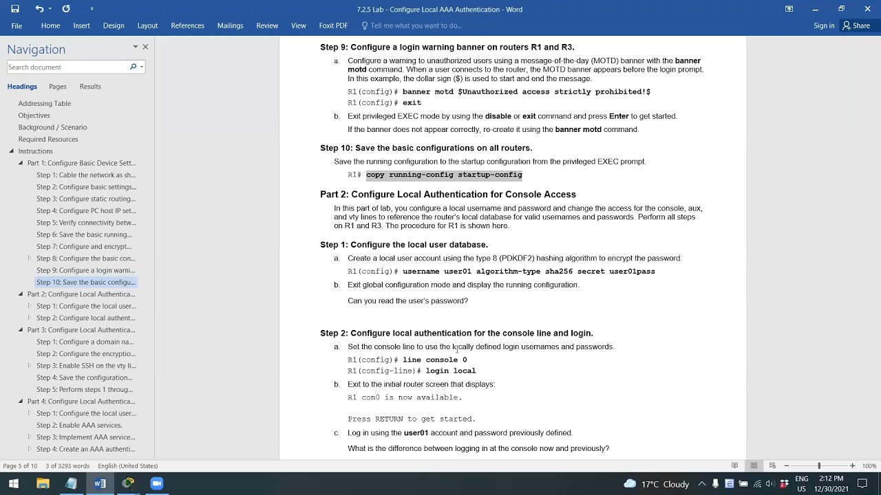 7.2.5 Lab – Configure Local AAA Authentication Answers(1)