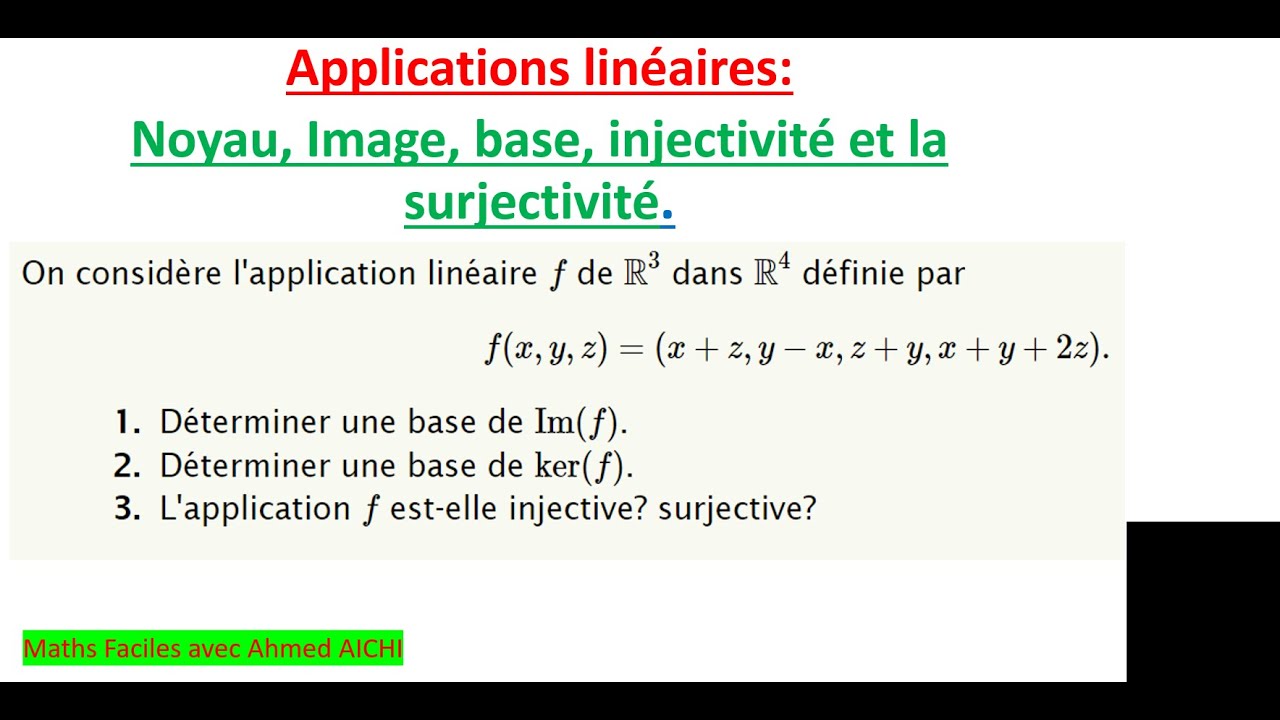 Applications linéaires: Noyau, image, base, injectivité, subjectivité.