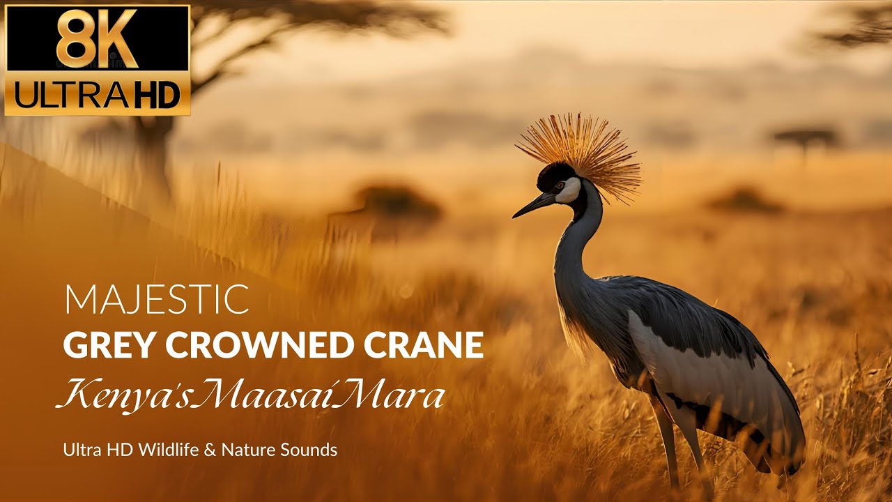 MAJESTIC GREY CROWNED CRANE 8K HDR: Feeding in Kenya’s Maasai Mara|Ultra HD Wildlife & Nature Sounds