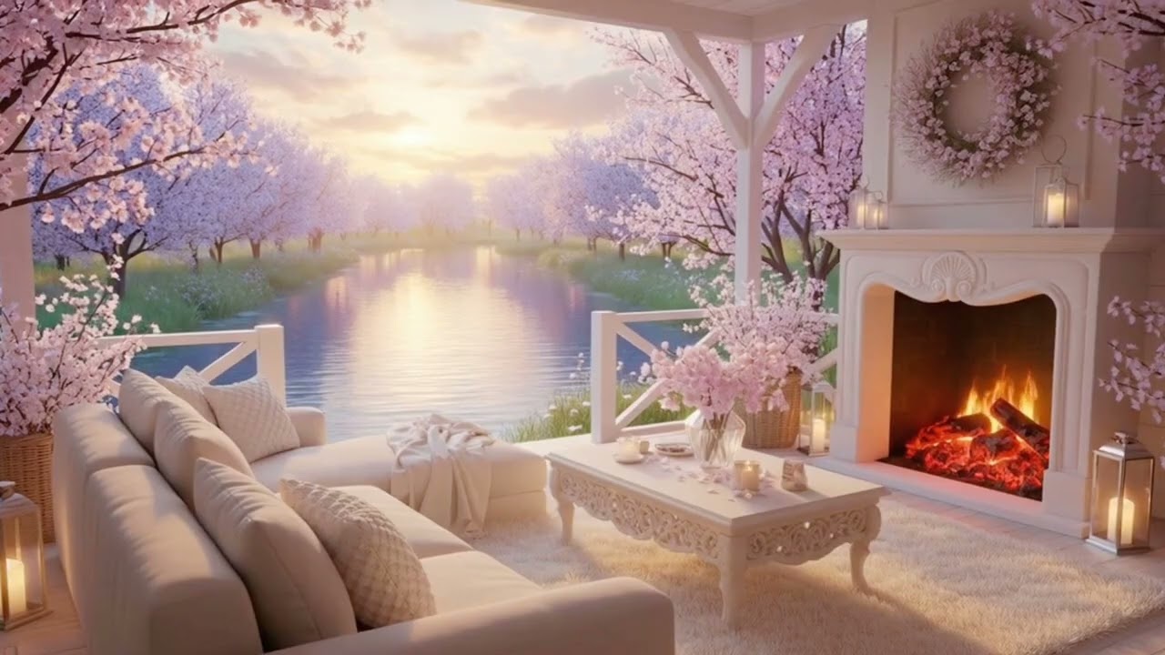 Calm Spring Morning by the Water 🌿💜 Soft Piano & Cozy Porch Ambience for Stress Relief & Rest