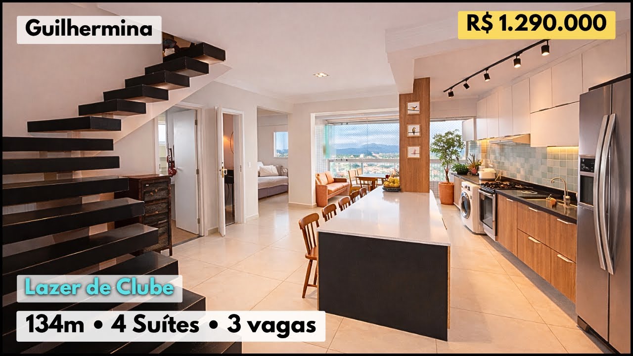 Apartamento Dulpex com 4 suítes, 3 vagas de garagem em prédio novo - Guilhermina, Praia Grande -SP