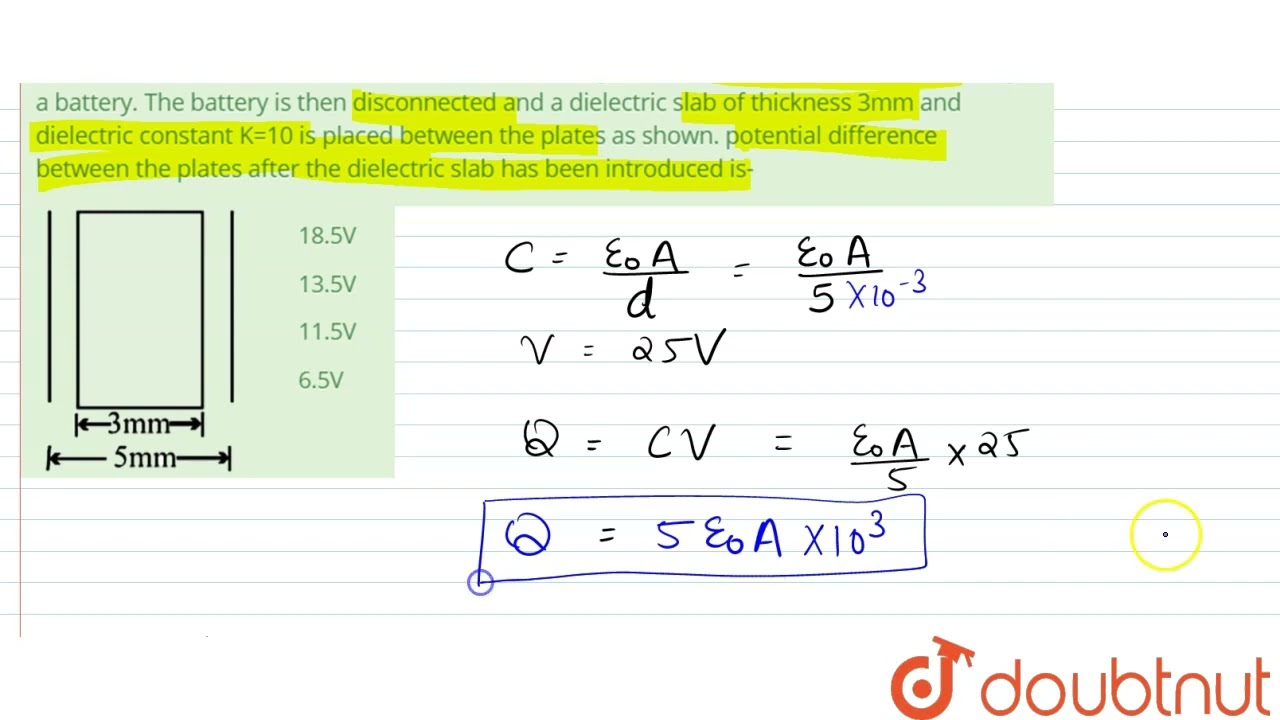 Separation between the plates of parallel plate capacitor is 5 mm. this capacitor, having air as...