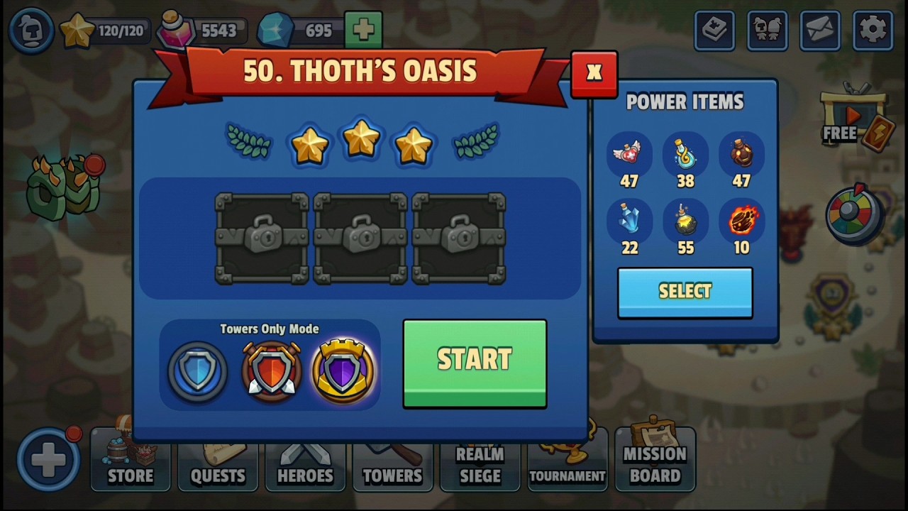 Realm Defense - World 3 | Level 50 (Thoth's Oasis) | Towers Only Mode | 3 Stars | No Spell