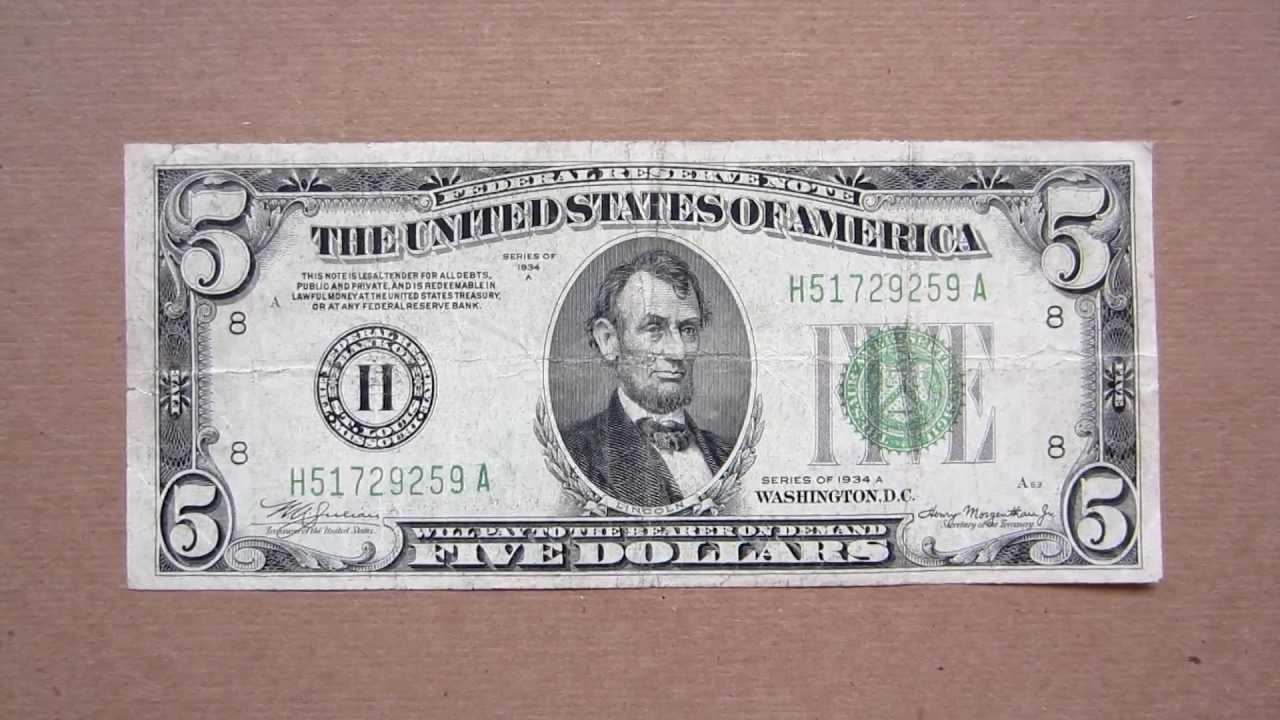 5 US Dollars Banknote (Five US Dollars / 1934A), Obverse and Reverse