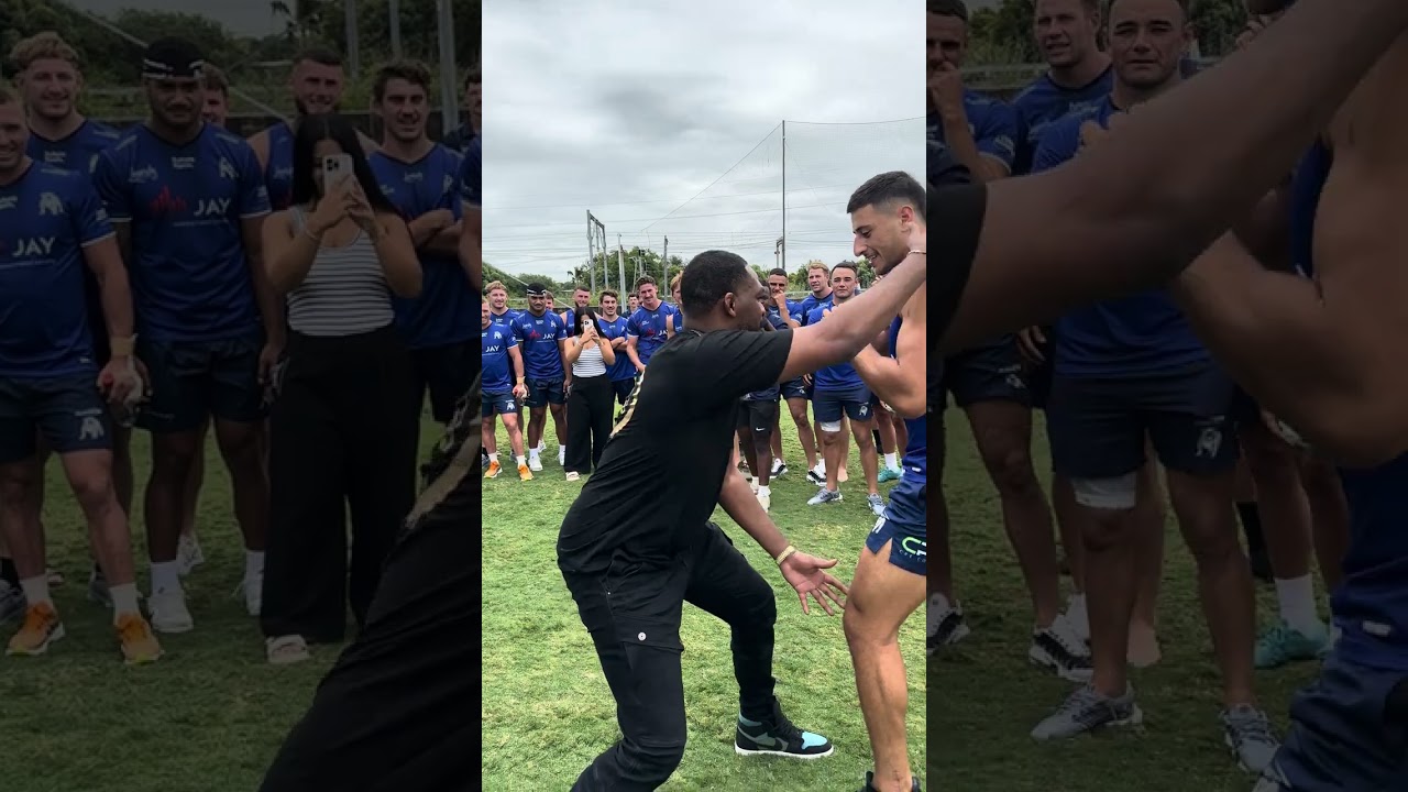 UFC world champion Jon Jones teaches fighting moves to Canterbury Bulldogs