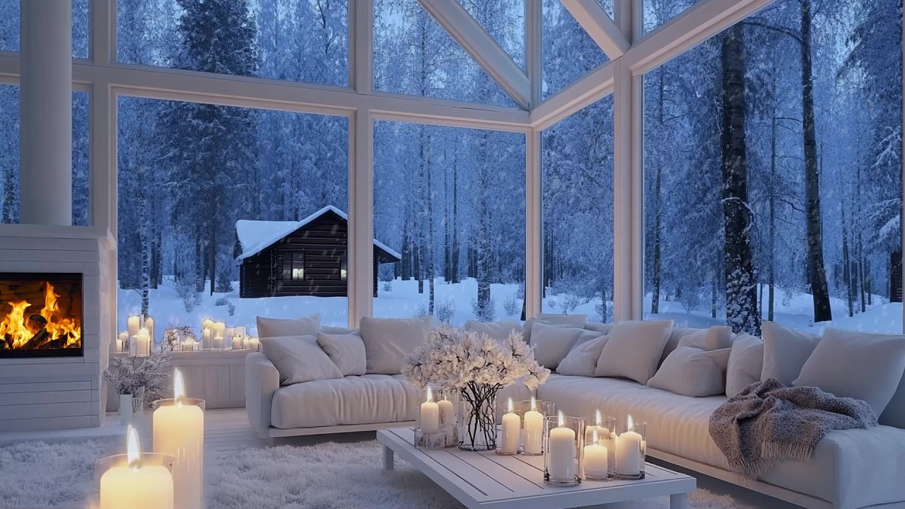 🎹💙Relaxing White Piano Lounge | Fire Crackling & Gentle Snowfall | Deep Focus Sleep Study