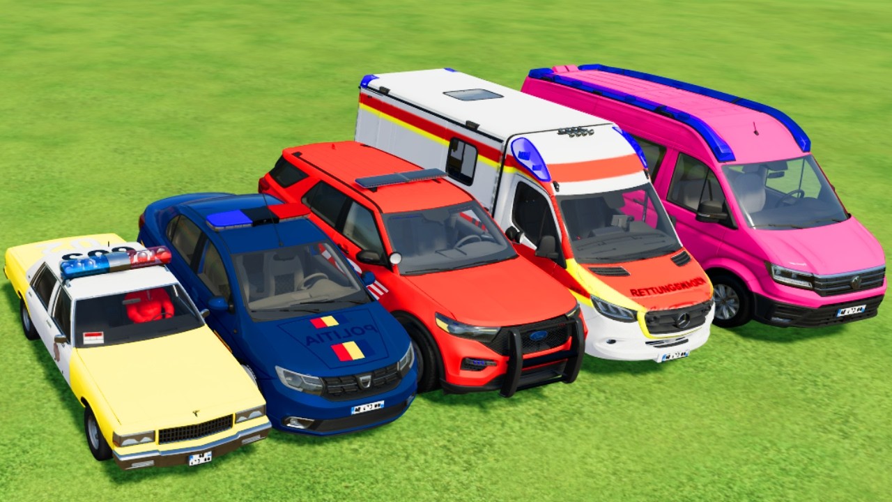 TRANSPORTING POLICE CARS, AMBULANCE, FIRE TRUCK, COLORFUL CARS WITH TRAIN -FARMING SIMULATOR 22!