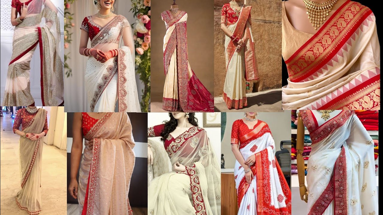दुर्गा पूजा के लिए Red बॉर्डर वाली साड़ियों का Latest Collection/White Saree Designs/Durgapuja 2025