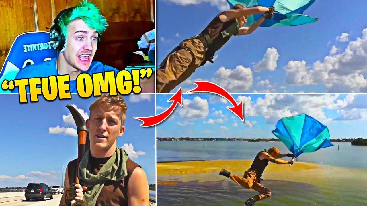 Ninja Reacts To Tfue Default Skin Cosplay and Jumping off Bridge! (Fortnite in Real Life)