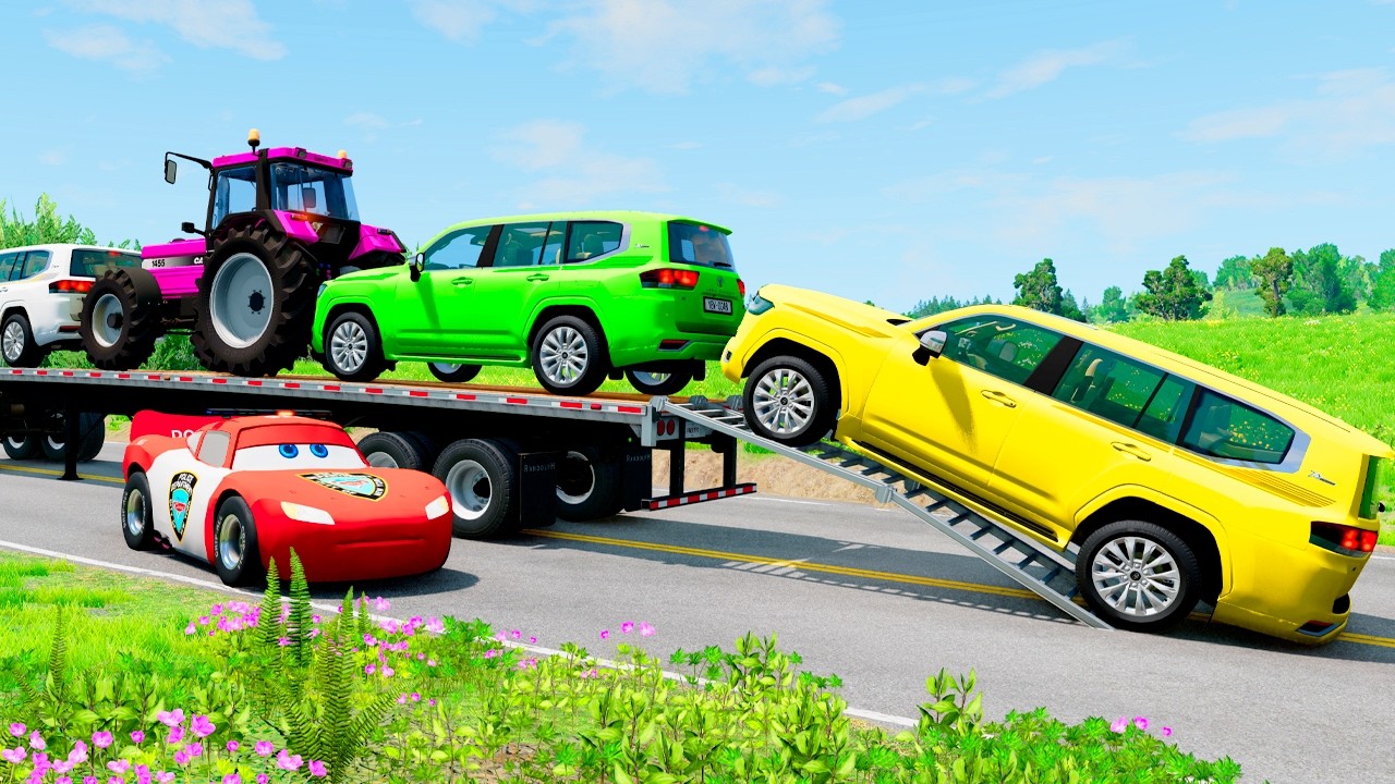 Flatbed Truck Mcqueen | Transportation with Truck - Pothole vs Car #07 - BeamNG.Drive