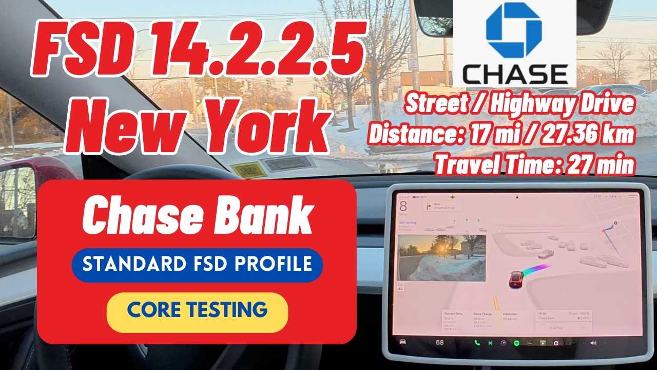 Tesla FSD Supervised v14.2.2.5: 17-мильная поездка по Нью-Йорку до банка Chase — необычное слияни...