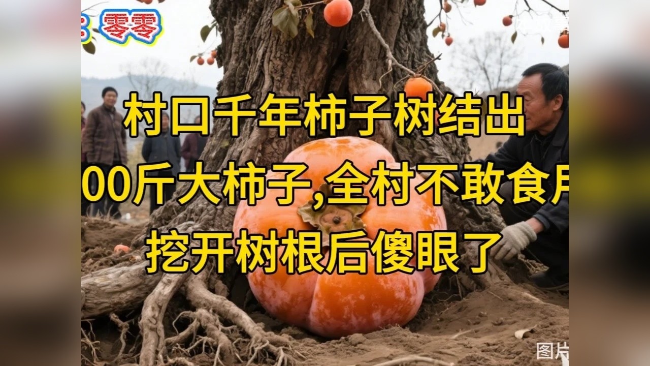 村口千年柿子树结出600斤大柿子,全村不敢食用，挖开树根后傻