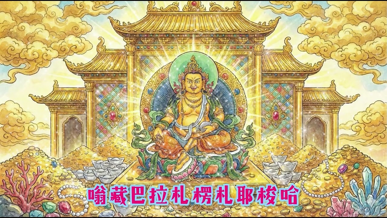 黃財神心咒，常聽常唸常佈施， 賺大錢. （咒語：嗡藏巴拉札楞札耶梭哈）