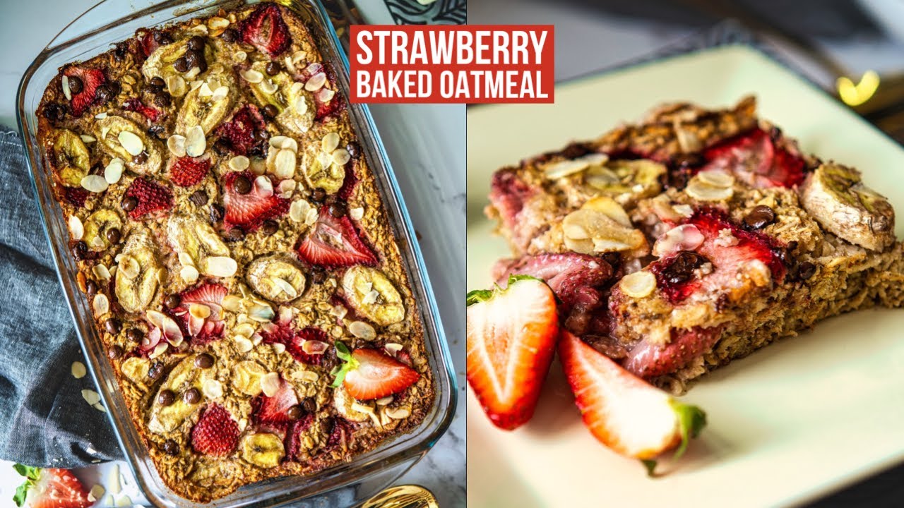 Strawberry Baked Oatmeal -  Baked Oatmeal with Strawberries - Easy Strawberry Oats - Breakfast