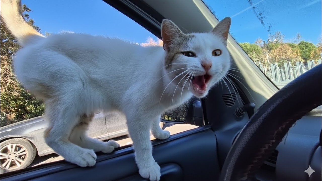 The cat in the parking lot stopped me and climbed into my car to look for food.