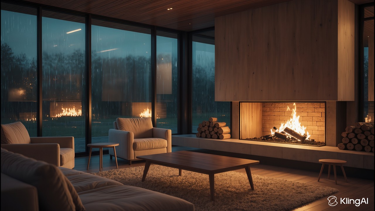 Sleep Fireplace 🔥 Light Rain & Soft Distant Thunder | Projector & Dark Room Ambience