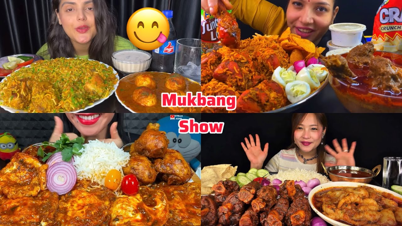 ASMR : Eating Spicy Mutton fat Curry, Egg Curry, Chicken Curry😋🔥, Chicken Biryani, Papad, Rice