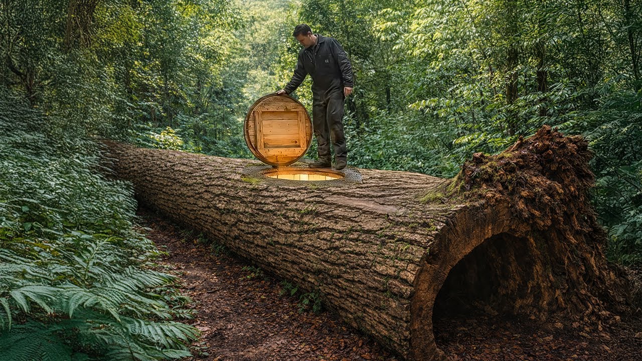 Building a house in the forest  - This man built a mini house inside a tree trunk by himself
