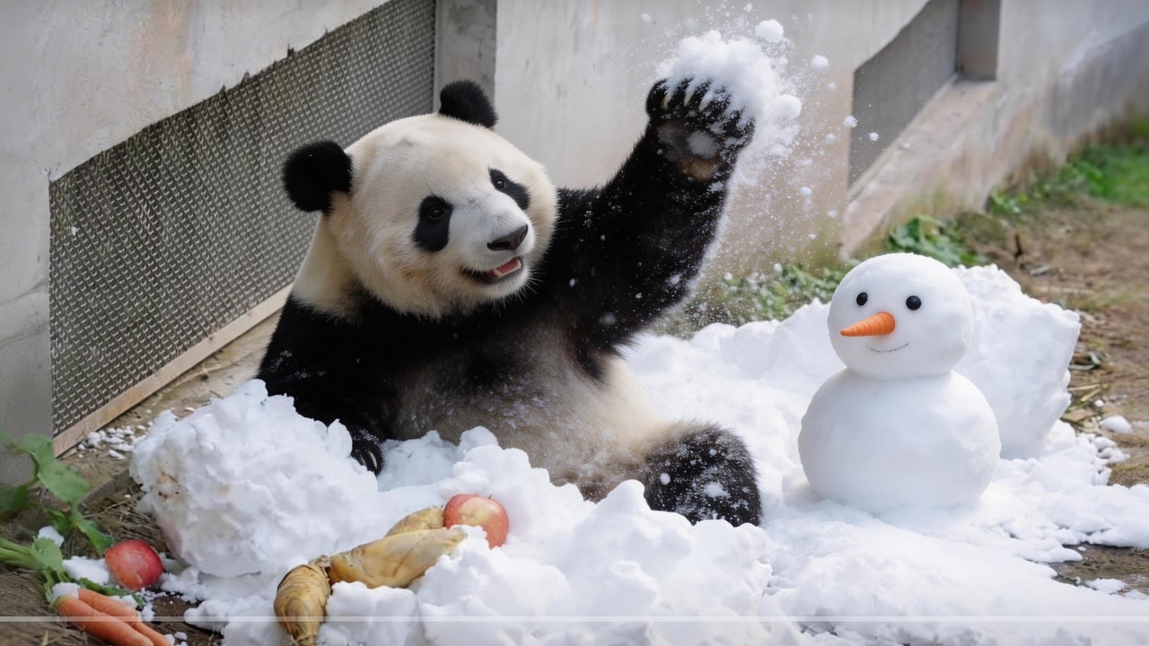 パンダが雪合戦をする