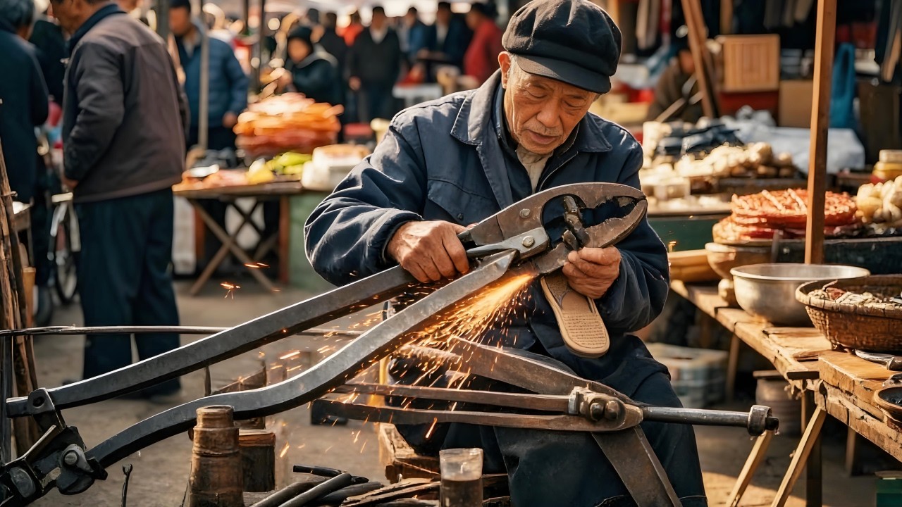 震惊！农村大爷用拖鞋修钳子！钳子锈夹不动，磨钳子直接磨出火星子！【李哥乡村发现】