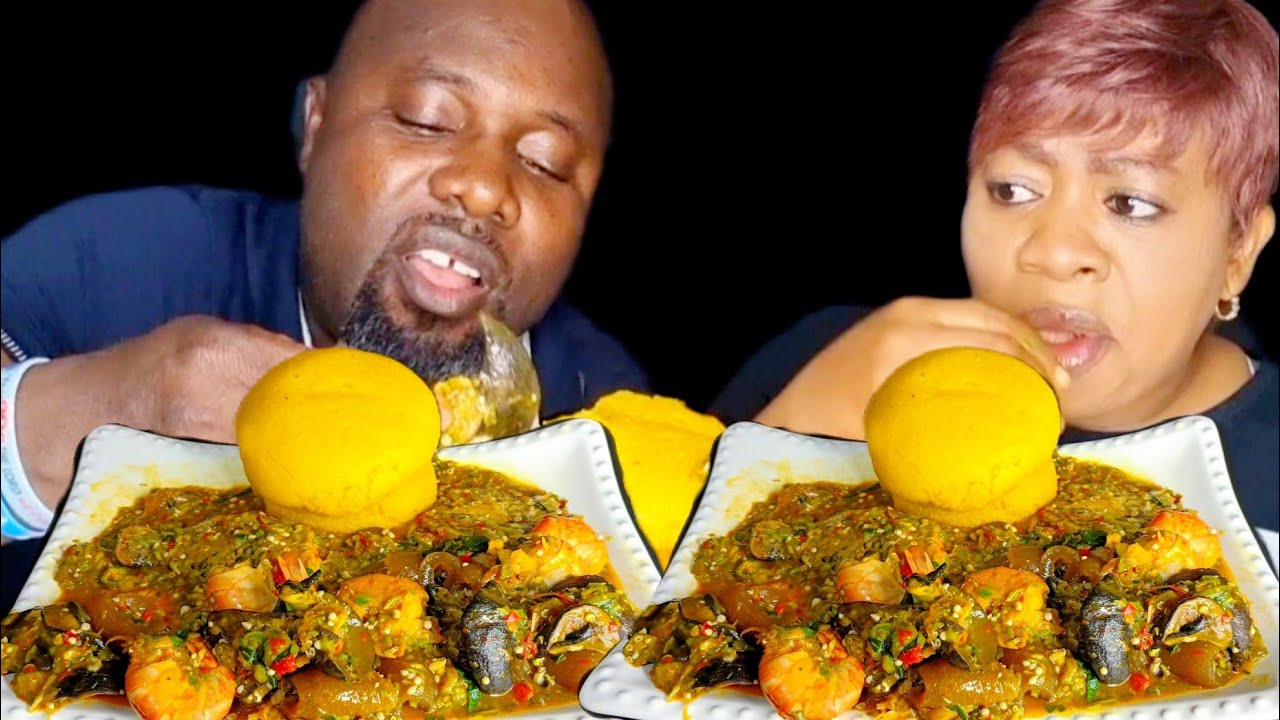 ASMR DELICIOUS OKRA SEAFOOD SOUP AND FUFU AFRICAN FOOD MUKBANG EATING SOUND