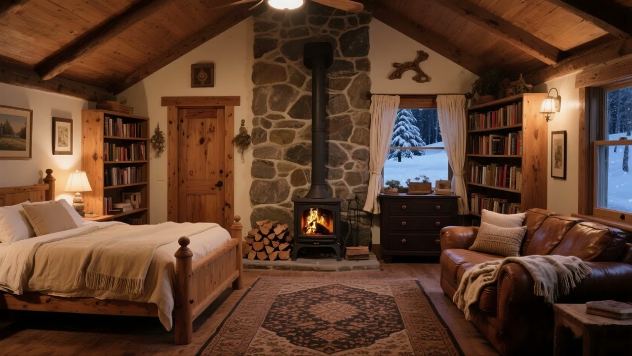 Winter snow scene | A campfire warms the cabin | The world is filled with tranquility and relaxation