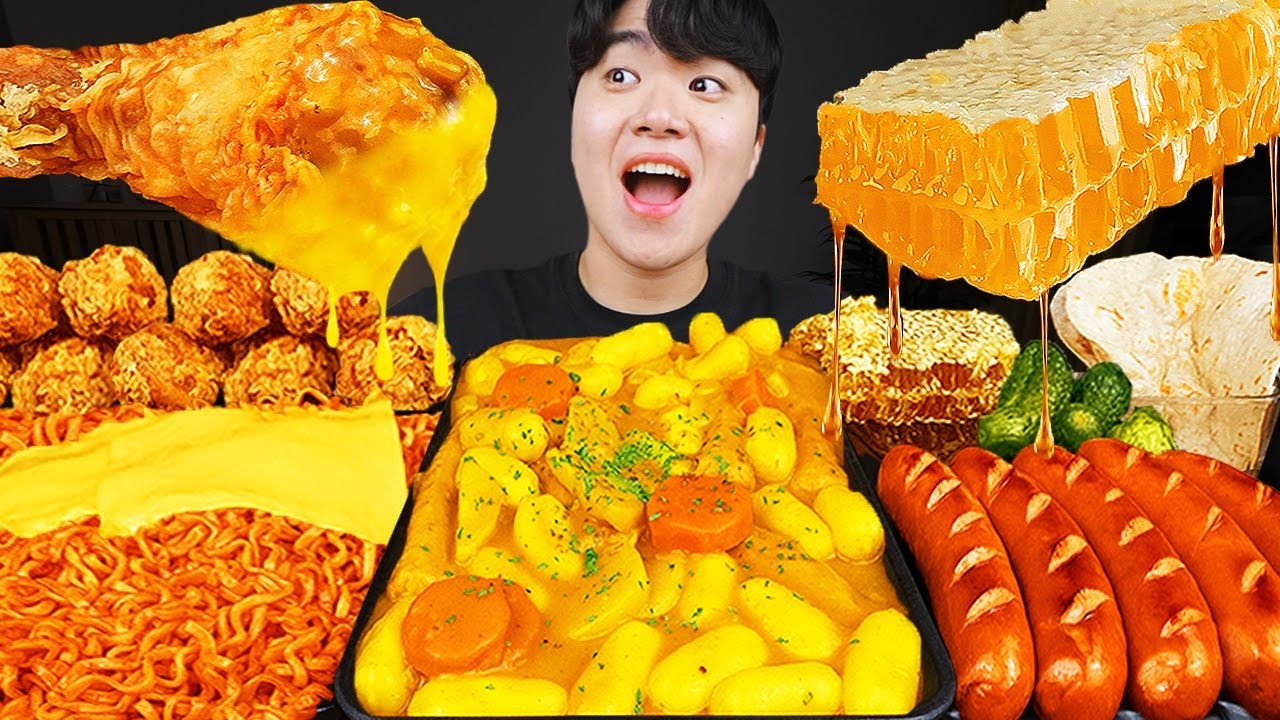 ASMR MUKBANG | РИСОВЫЙ ТОРТ Ттеокбокки, жареный цыпленок, Огненная лапша, колбаса рецепт блюда !