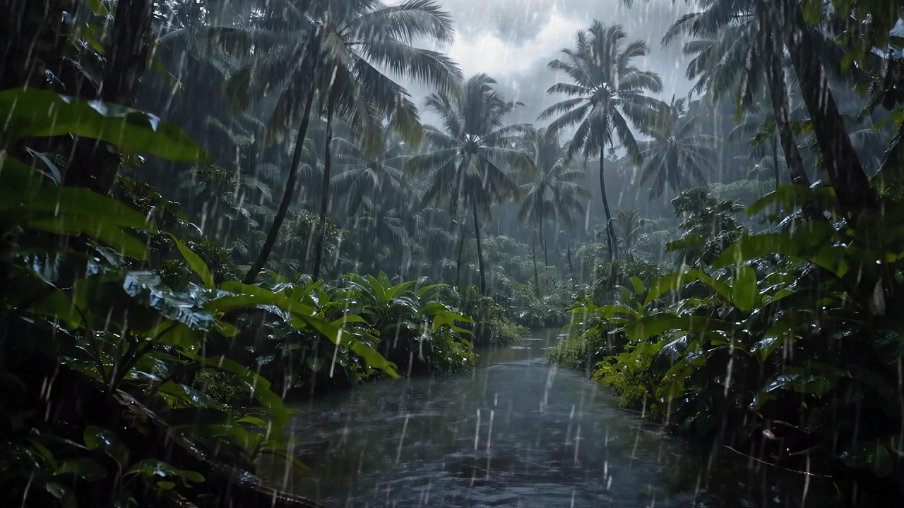 8 Hours of Tropical Storm : Intense Rain & Distant Thunder Sounds (No Music)